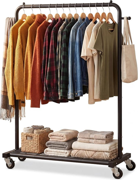 Sywhitta Metal Clothing Rack on Wheels with Mesh Shelf, for Clothes,Black | Rolling Garment Rack for Hanging Clothes, Coats, Skirts, 39.76" L x 16" W x 63.78" H,Space-Saving Mobile Organizer for Closet