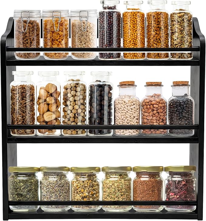 3 Tier Bamboo Spice Rack Wall Mount or Countertop,Spice Organizer | Seasoning Jars Rack Spice Shelf Organizer for Kitchen Counter or Wall Mounting (Black)