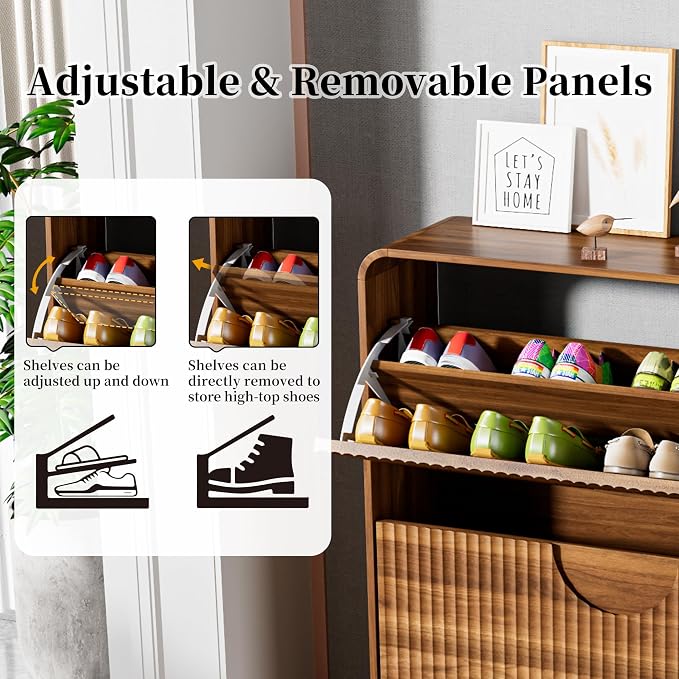 Slim Shoe Storage Cabinet for Entryway, Narrow Shoe Cabinet with 2 Tier Flip Drawers Doors, Fluted Hidden Shoe Rack Organizer for Entrance, Entry Way, Foyer, Hallway, Walnut