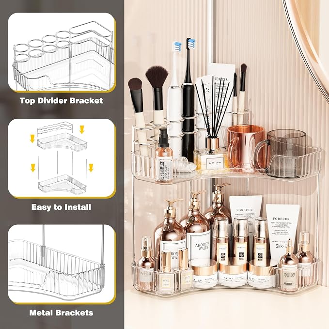 Asayuee 2-Tier Corner Bathroom Counter Organizer with Top Toothbrush Holders,Large Makeup Organizer Countertop with Brush Holder,Skincare Organizers Corner,Exquisite Vanity Organizer(Clear, 2 Tier)