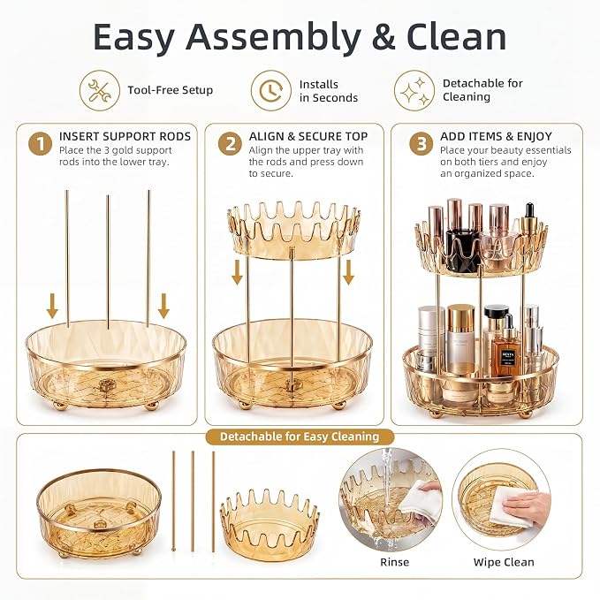 2 Tier Rotating Makeup Organizer for Vanity, Clear Bathroom Counter Organizer, Skincare Organizer and Perfume Organizer, Countertop Cosmetic Storage for Cabinet, Pantry and Kitchen (Gold)