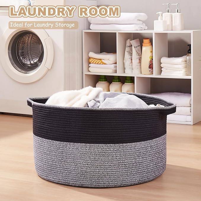 OIASKET Large Blanket Basket with Handles, 22.8" x 22.8" x 13" Woven Storage Basket for Living Room, Cotton Rope Baby Toy Storage for Clothes, Pillows, Towels-Black and Grey