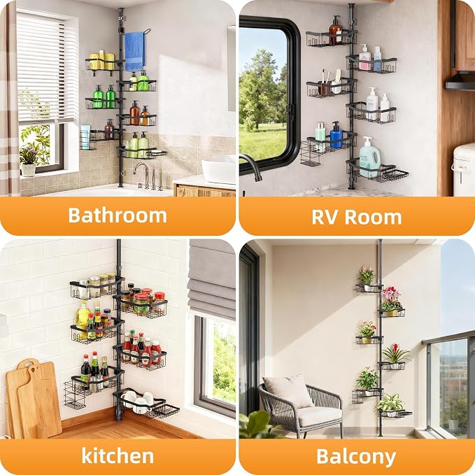 Shower Caddy Corner, 6 Tier Tension Pole Rod Bathroom Organizer Shelves, Adjustable Bathtub Shampoo Stand Rack with Towel Rack 2 Holders for Inside Shower Storage, 47-122 Inch, Black