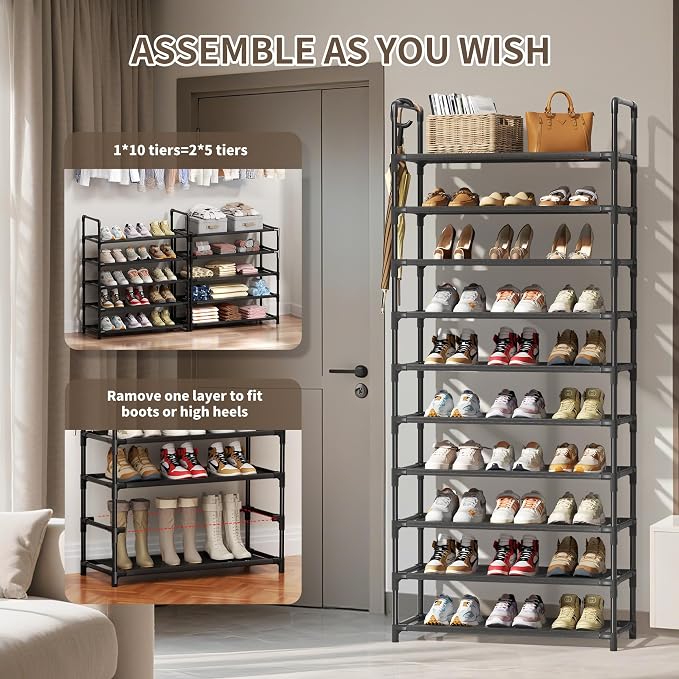 Shoe Rack, 10 Tier Shoe Storage Organizer Fit 30-35 Pairs Shoes,Metal Tall Shoe Shelf for Closet,Entryway,Garage,Bedroom,Cloakroom