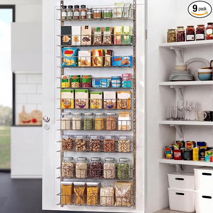 ElegantArray 9-Tier Pantry Door Organizer, Brown | Over The Door Pantry Organizer Rack and Storage, Hanging Spice Rack Shelves Door, Home Office Laundry Room Bathroom & Kitchen