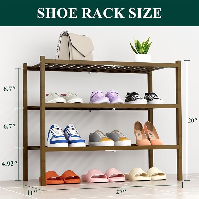 Smiry Bamboo Shoe Rack, 14 Vertical Slats, 3 Tier - 26.8" Wide, Walnut | Stackable Free Standing Wooden Shoe Organizer, Wood Shoe Storage Shelf for Closet, Entryway, Thicher Leg