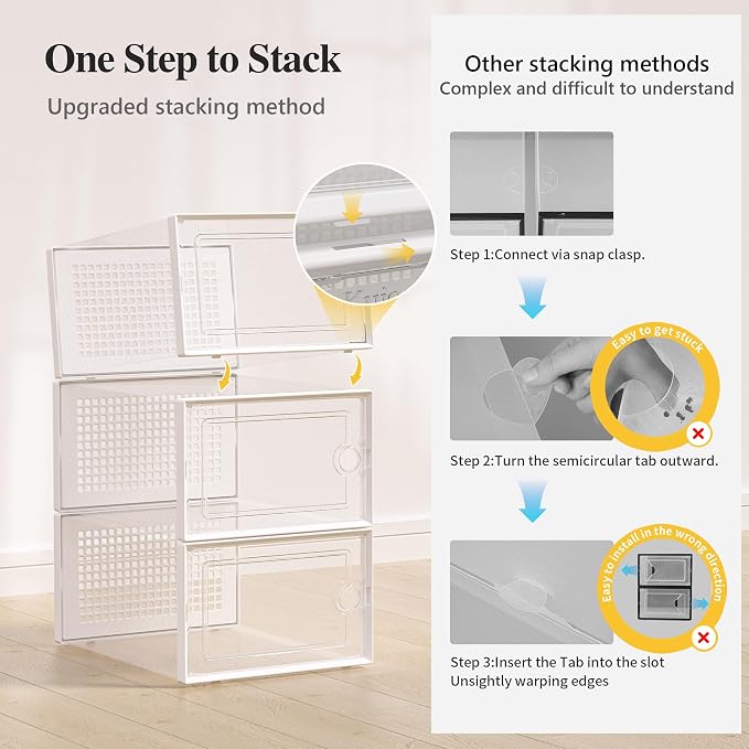 Kuject X-Large Shoe Storage Boxes 12 Pack, Clear Stackable Shoe Organizer | Shoe Case for Closet, Entryway & Under-Bed Storage, Drop-Front Design, Space-Saving Solution for Family Organization,White