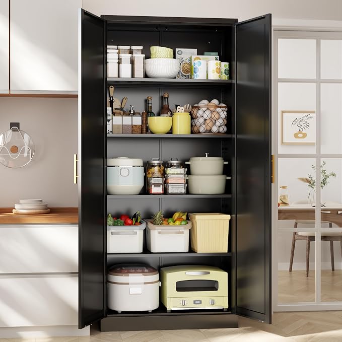 BESFUR Kitchen Pantry Cabinet,71” Metal Tall Pantry Storage Cabinet with Doors and 4 Adjustable Shelves,Kitchen Storage Cabinets Black Freestanding Food Cabinet for Pantries, Kitchen
