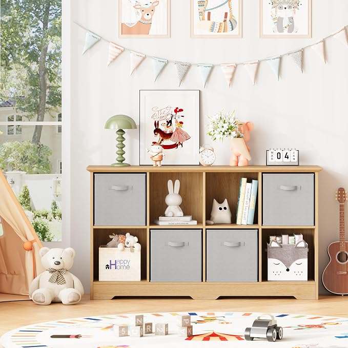 8 Cube Storage Organizer Shelf, Wood Cubby Storage with 4 Fabric Drawers | 2 Tier Wooden Bookshelf with 2 Adjustable Shelves, Fluted Side Panels Bookcase for Living Room, Home Office, Wood