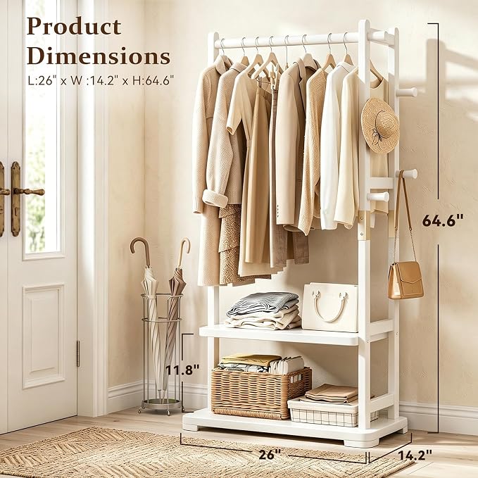 Solid Wood Clothes Rack with 2 Shelves & 4 Hooks for Hanging Clothes Garment Wallets Hats, White Clothing Rack Heavy Duty Coat Rack Freestanding with Storage Hall Tree for Hallway Bedroom Living Room | Hallway bedroom living room, durable wood construc...