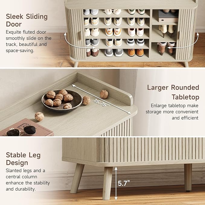 Shoe Cabinet with Sliding Door, 5-Tier Hidden Shoe Rack with Adjustable Shelves, Wooden Shoe Storage Organizer with Open Bottom Space, Freestanding Shoe Shelf for Entryway (Natural White)