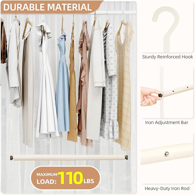 STORAGE MANIAC Adjustable Closet Rod for Hanging Clothes, 1 Pack White | Expandable 17.9"-29.7" Heavy-Duty Metal Closet Hanging Rod with 9 Height Adjustments, Space-Saving Double Closet Organizer