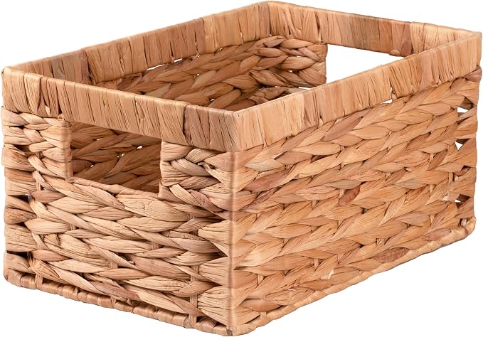 Handwoven Wicker Storage Basket with Built-In Handles - Decorative Rectangle Organizer Bin for Shelves, Closet, Bathroom, Kitchen & Living Room - Durable Eco-Friendly Storage Solution (Large 1-Pack)