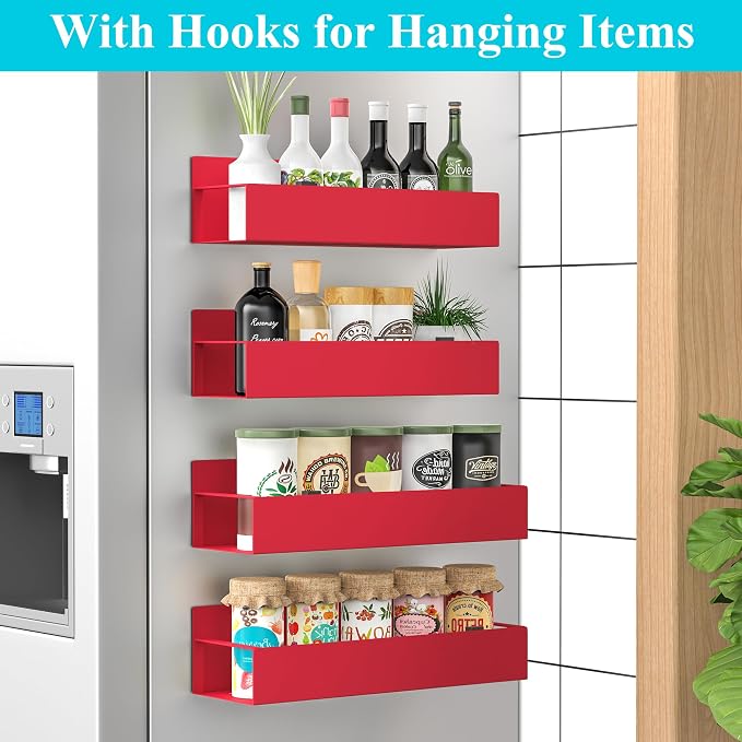 HuggieGems 4 Pack Magnetic Spice Storage Rack Organizer for Refrigerator and Oven, Red Fridge Organizers and Storage