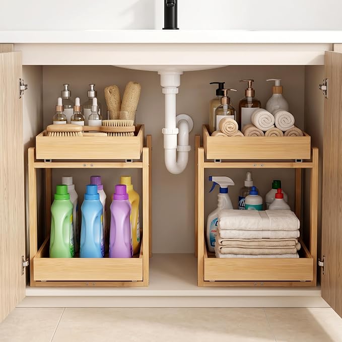 MHXW SXPN Bamboo Under Sink Organizer, 2 Pack Pull Out Cabinet Organizer | 2 Tier Vertical Smooth Slide Out Undersink Storage Shelf | Multi-Purpose Organizer Shelves for Kitchen Bathroom Medicine