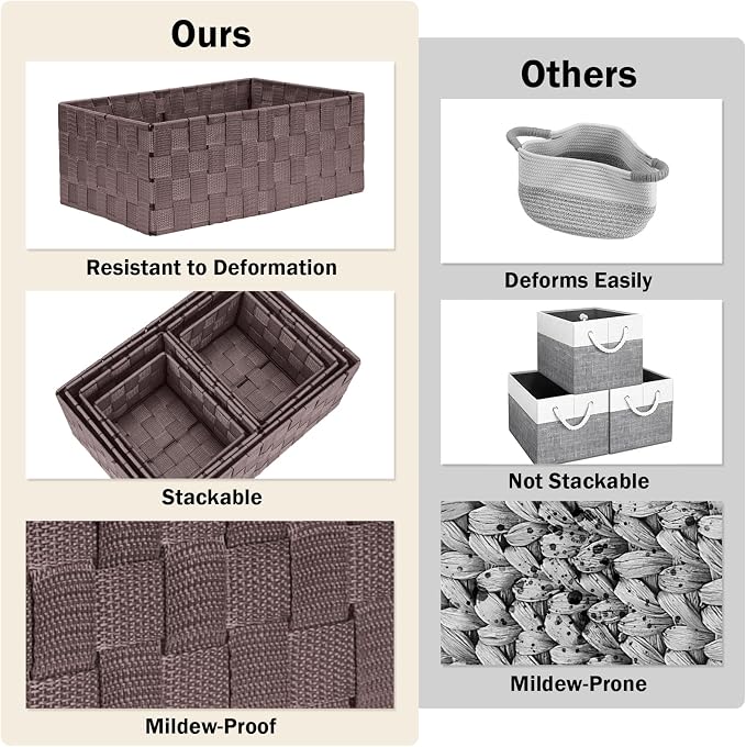 Storage Baskets with Lids: 6 Pack Stackable Woven Storage Bins, Brown | Decorative Woven Baskets for Organizing with Built-In Handles for Shelves, Closets, Cabinets and Cubbies, Gift Small Basket