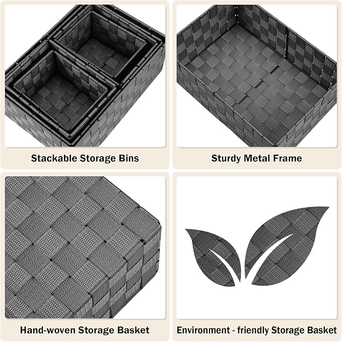 Storage Baskets with Lids: 6 Pack Stackable Woven Storage Bins, Black | Decorative Woven Baskets for Organizing with Built-In Handles for Shelves, Closets, Cabinets and Cubbies, Gift Small Basket