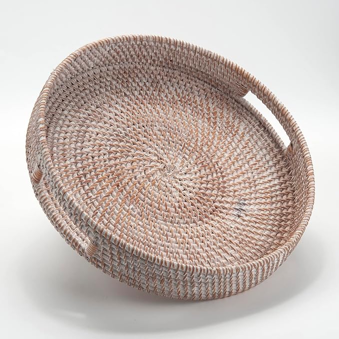 Coffee Table Tray Round Rattan Ottoman Tray Woven Serving Trays with Handles for Home and Kitchen Decorative Whitewash (Large 16.9 inch)