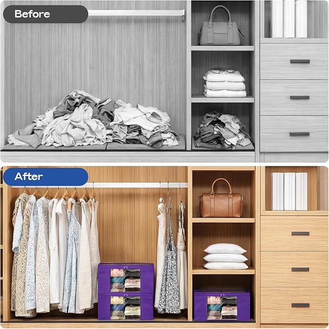 Clothes Storage Bags, Foldable Thick Fabric Blanket Storage Bags, Large Clear Window & Carry Handles, Great for Clothes, Blankets, Closets, Pillows (Purple, 6PACK)