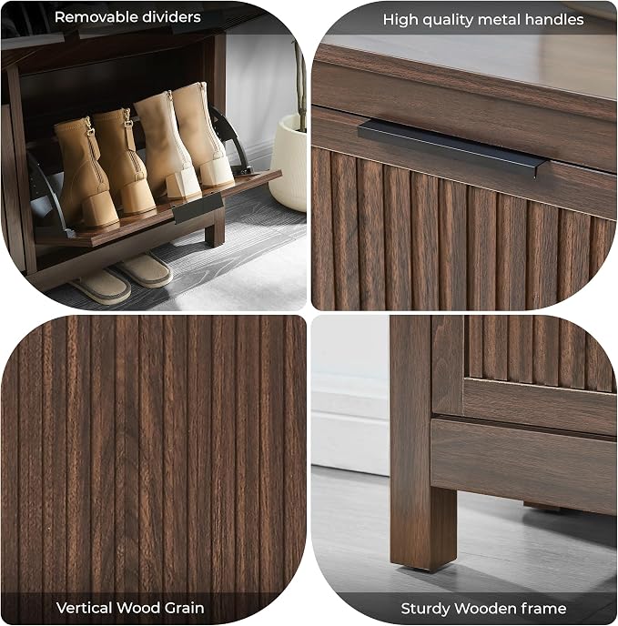 4-Flip Drawer Shoe Cabinet Narrow Entryway Rack, Brown | Vertical Wood Grain, Metal Handles, Adjustable Compartments, Removable Shelf, Anti-Tip Device, for Hallway Foyer Entryway