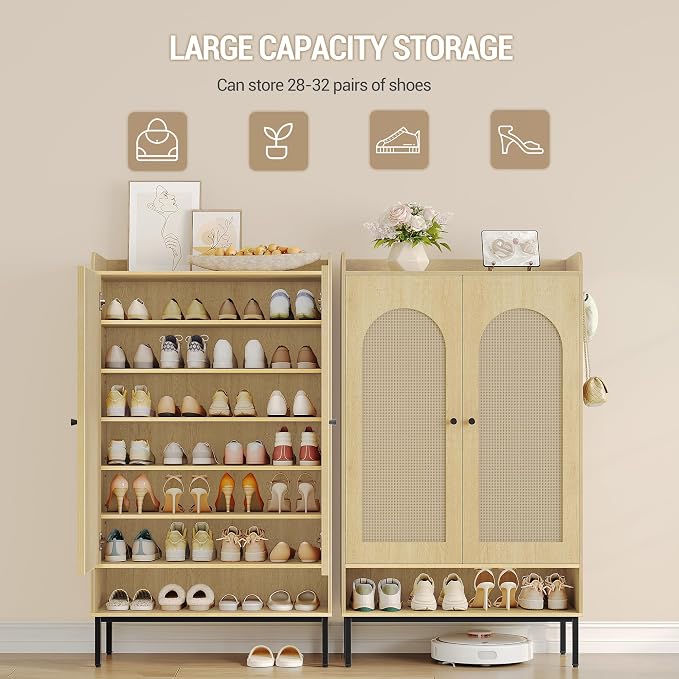 Hzuaneri Shoe Cabinet, 7-Tier Shoe Storage Cabinet with Adjustable Shelves | Wooden Shoes Organizer Cabinets with Doors & Top Storage Layer, 28-32 Pairs, for Entryway, Hallway, Rattan SR68702Y