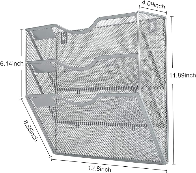 PAG Hanging Wall File Holder Mail Organizer Wall Mount Document Letter Rack, 3-Tier, Silver