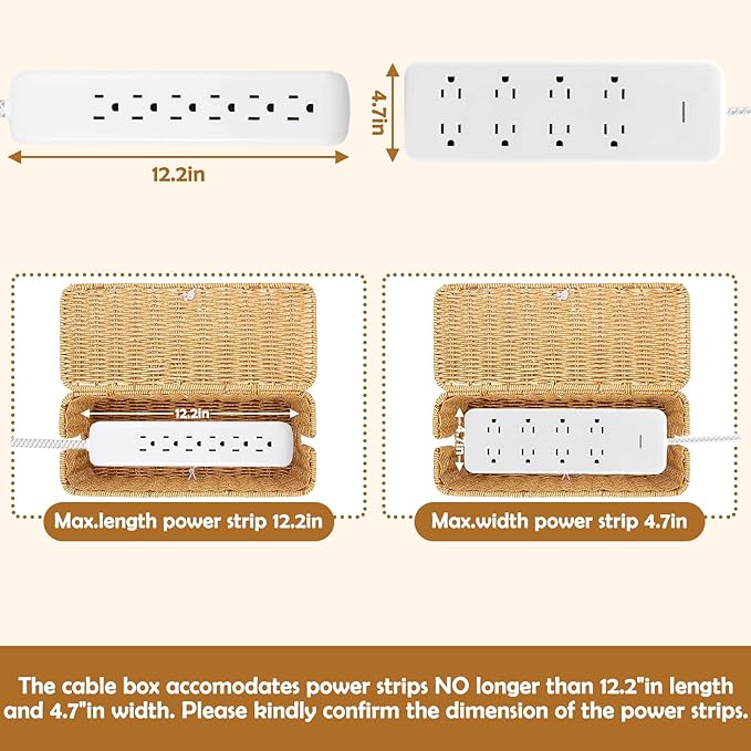 Cable Management Box, Handmade Rattan Cable Organizer Cord Basket | Open Slots Cords Hider Box Under Desk Cord Organizer for Computer Router USB Hub & Power Strip