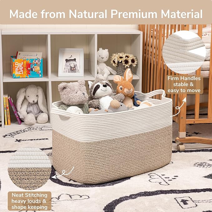 Goodpick Extra Large Cotton Rope Basket, Rectangle, White & Light Brown | 85L, 23.6 x 15.7 x 13.8 in, Handles, Blankets, Toys & Dirty Clothes Storage, Living Room, Nursery & Bedroom Organization