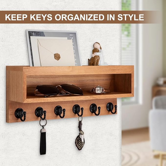 Key and Mail Holder Wall Mount, Key Hanger with Long Storage Box and 6 Hooks for Coat, Dog Leash, Home Decor Rack, House Accessories, Entry Way Organizer