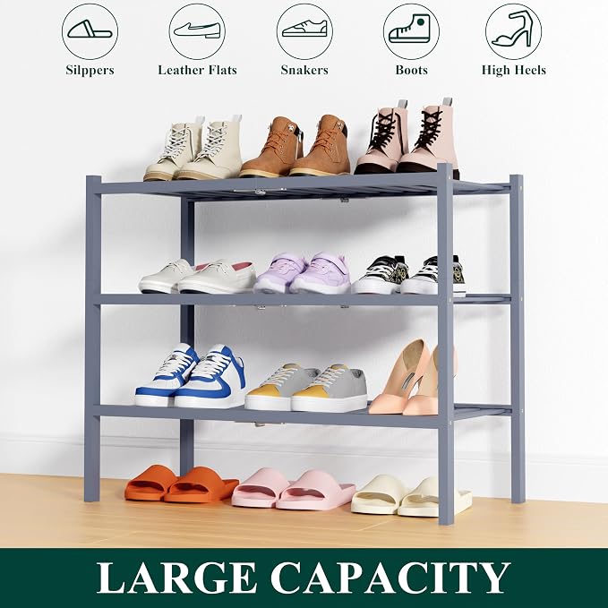 Smiry Bamboo Shoe Rack, 14 Vertical Slats, 3 Tier - 26.8" Wide, Grey | Stackable Free Standing Wooden Shoe Organizer, Wood Shoe Storage Shelf for Closet, Entryway, Thicher Leg