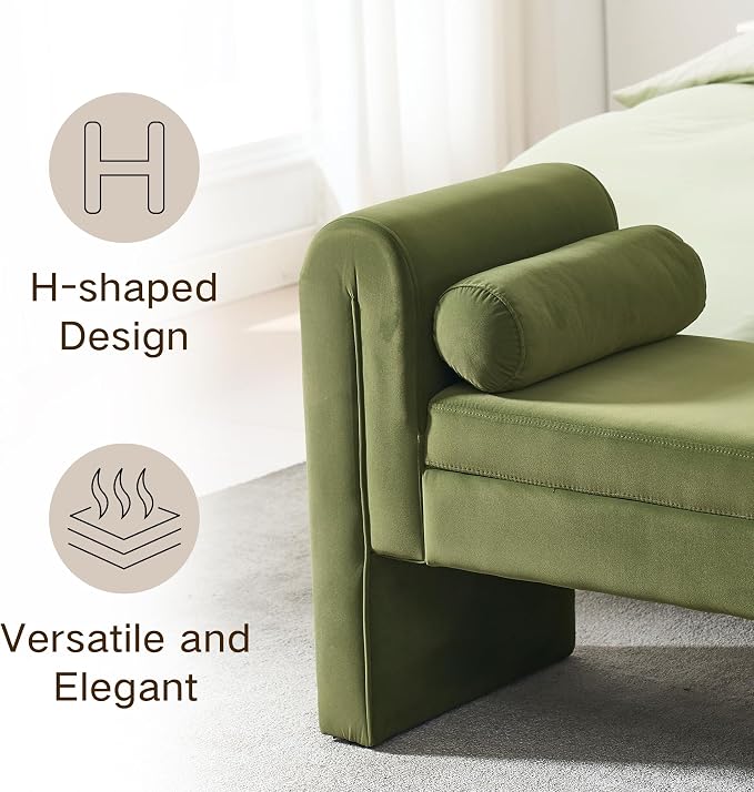Modern Velvet Bench for Bedroom End of Bed, 60.5" Upholstered Rolled Armed Button Tufted Stool Bench with Storage, Sofa Ottoman Long Bench with 2 Pillows for Entryway/Bedroom, Green