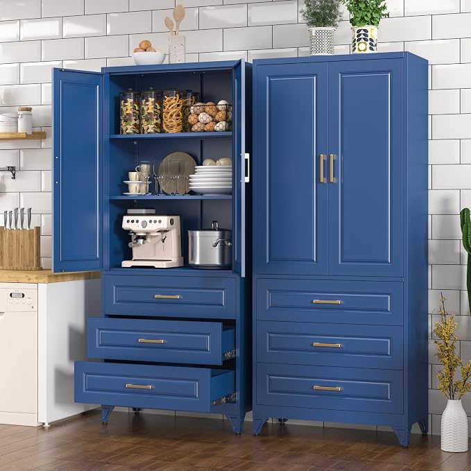 Polup 75" Metal Storage Cabinet, Kitchen Pantry Cabinet with 3 Drawers | Heavy-Duty Blue Tall Cabint with 2 Doors and 3 Adjustable Shelves, Magnetic Latch, Gold Handles, for Dining Living Room