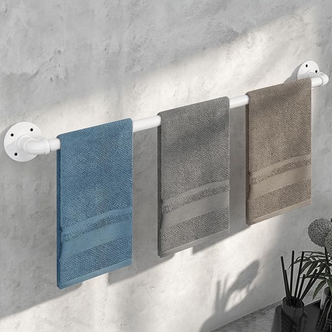 Industrial Pipe Towel Rack Towel Bar, Heavy Duty Wall Mounted Rustic Farmhouse Bath Towel Holder for Bathroom (White, 32 inch)