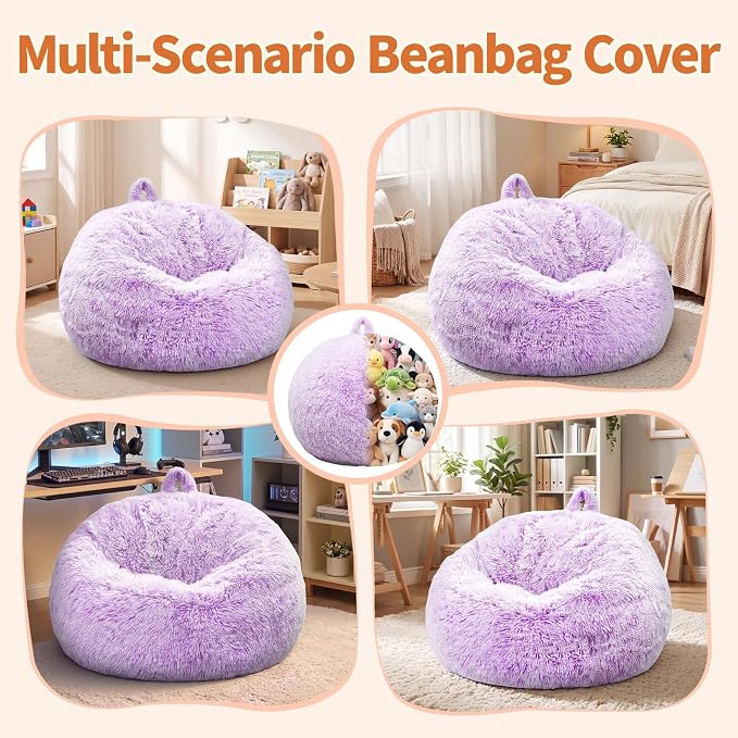 Stuffed Animal Storage Bean Bag Chair Cover, Soft Bean Bag Cover | Fluffy Faux Fur Stuffed Animal Storage Chair, Non-Slip Bottom, Fill with Plush Toys or Blankets, for Adults Teens Kids Girls