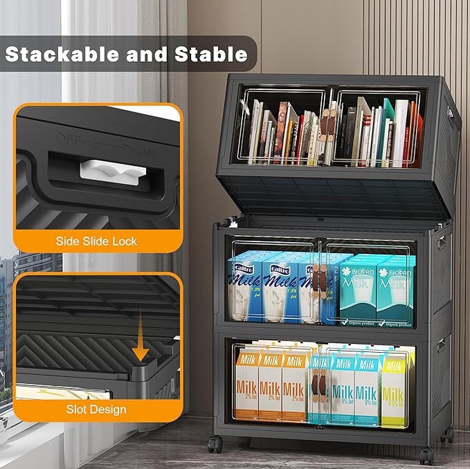 UAMFURI Stackable Storage Bins, 330QT Collapsible Drawers with 2 Lids | Large Capacity, Magnetic Door, Stack Lock, Rolling Wheels, Foldable Design, Organizers and Storage for Bedroom Dorm Garage