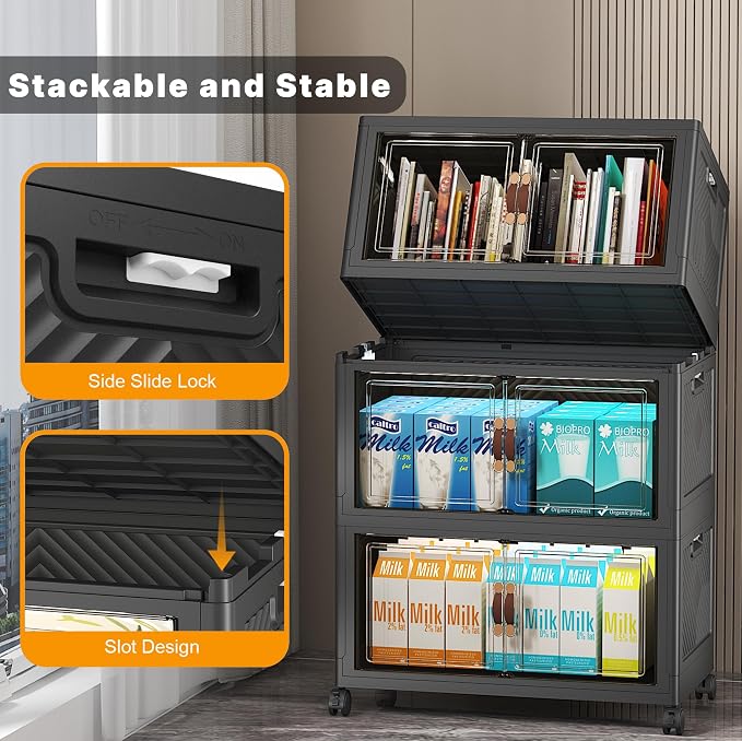 UAMFURI Stackable Storage Bins,165QT Collapsible Drawers with 1 Lid | Large Capacity, Magnetic Door, Stack Lock, Rolling Wheels, Foldable Design, Organizers and Storage for Bedroom Dorm Garagege