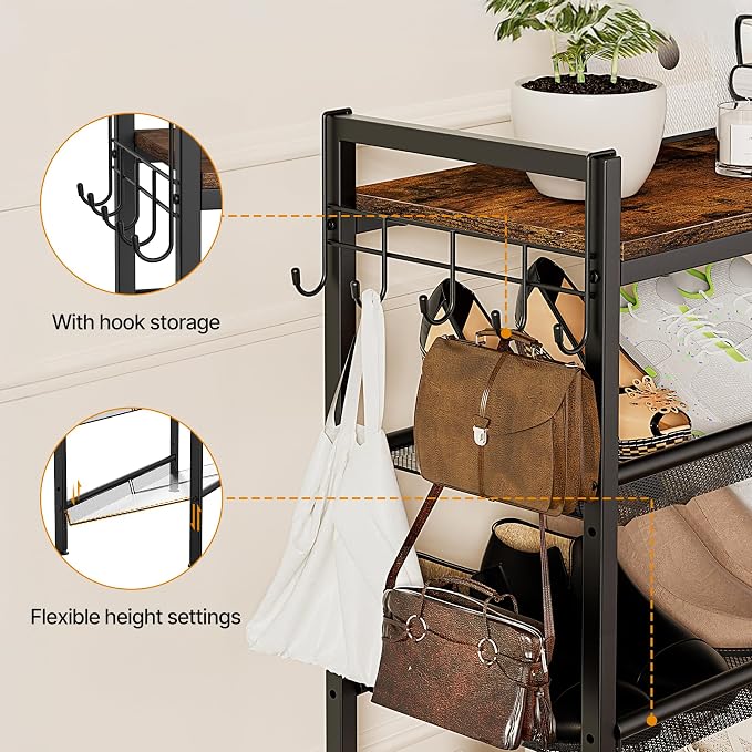 5 Tier Shoe Rack, Shoe Rack for Entryway with Hook, Shoe Organizer with Adjustable Mesh Shelves, Metal Shoe Storage, Closet, Bedroom Living Room Garage