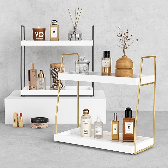 Forbena Bathroom Organizer Countertop, Counter Organizer for Bathroom Decor, Wooden Sink Shelf for Vanity Storage, Makeup Tray for Perfume Skincare Bedroom Kitchen Corner (2 Tier, White and Gold)