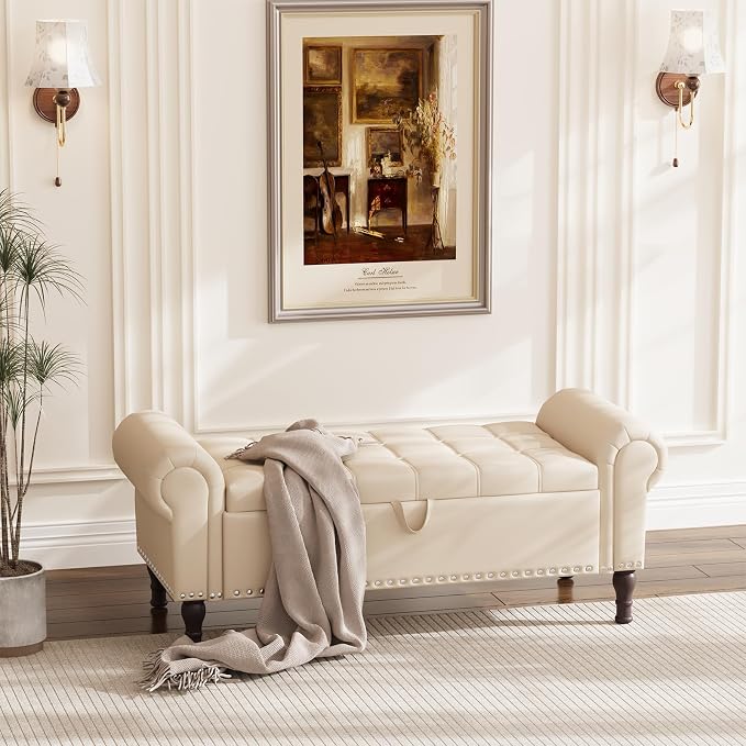 Apicizon 51” Bench with Storage, Faux Leather Ottoman Bench with Rolled Arm & Vintage Rivets, End of Bed Bench for Bedroom, Living Room, Entryway, Beige+Brown Legs