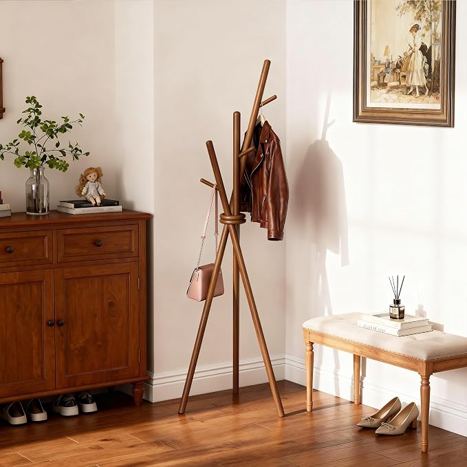 VICITON Wooden Coat Rack, Tripod Coat Tree Freestanding with 3 Hooks for Clothes, Hats and Handbags, Coat Hanger Stand for Bedroom, Living Room, Entryway (Dark)