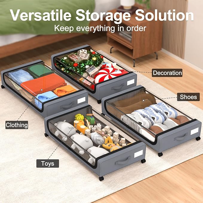 GoMaihe Under Bed Storage with Wheels 48L Grey 2-Pack | Rolling Bins for Shoes Clothes in Dorm Bedroom - Metal Drawers Easy Pull-out