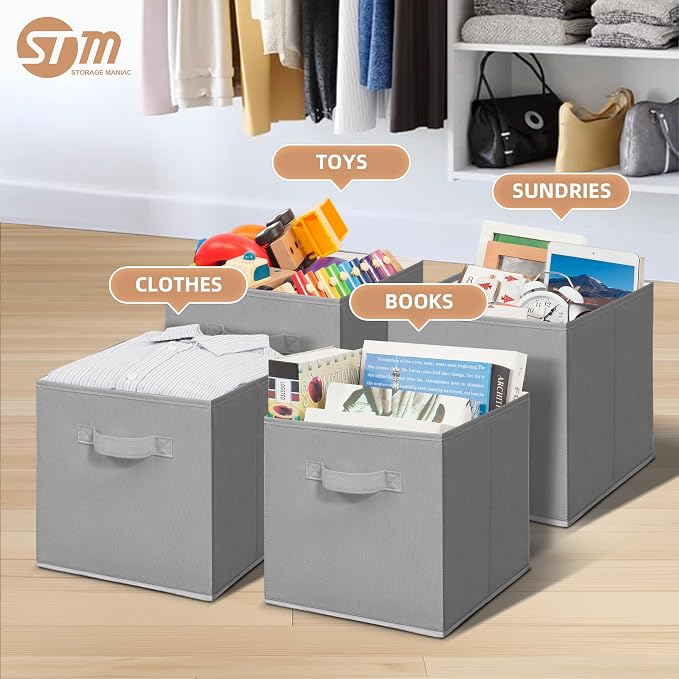 STORAGE MANIAC Storage Cubes, 11 Inch Collapsible Storage Bins with Handles, 8 Pack Fabric Foldable Bins for Organization, Durable Storage Bins for Closet, Shelves, Offices, 8-Pack Grey