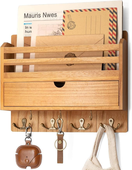Rebee Vision Mail Organizer Wall Mount with Drawer for Entryway,Light Brown | Key and Mail Holder for Wall, 7 Key Hooks, Drawer Organizer, Mail Organizer, Key Hanger, Farmhouse Aesthetic Home Decor
