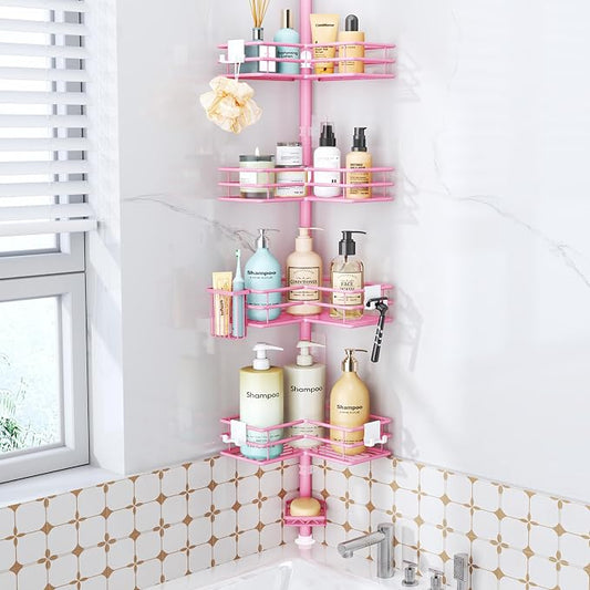 HapiRm Corner Shower Caddy Organizer - Shower Organizer Corner with Soap Holder, Toothbrush Holder and 4 Hooks, Rustproof Bathroom Shelf Tension Pole Available for 27.6 to 108.3 Inch - Pink