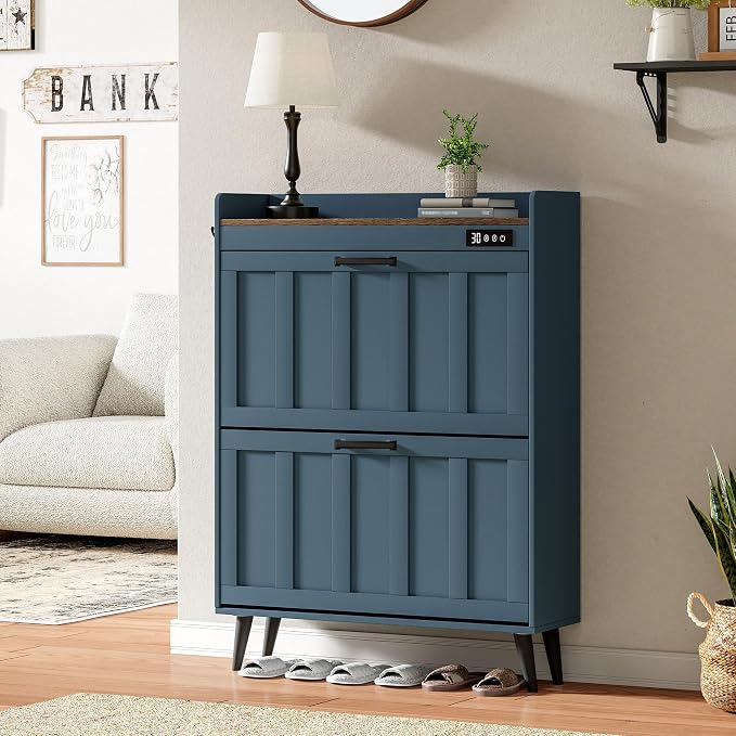 ChooChoo Shoe Storage Cabinet with 2 Flip Drawers and Deodorizer | Shoe Organizer Storage for Entryway, Freestanding Hidden Slim Narrow Shoe Rack Cabinet, Blue