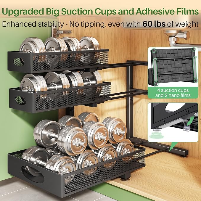 Kitstorack Under Sink Organizer 3-Tier Slide Out Drawer 1-Pack Black | Height Adjustable, Metal Mesh Storage Rack, Pull out Cabinet Organizer Shelf for Bathroom Kitchen Pantry Home Organization