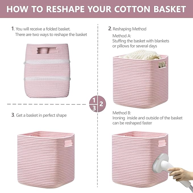 UBBCARE Set of 4 Storage Basket-13 X 13 X 13 in, Cotton Rope Basket for Shelves, Toys, Book, Cube Storage Bins with Handles, Woven Storage Basket for Organizing, Pink