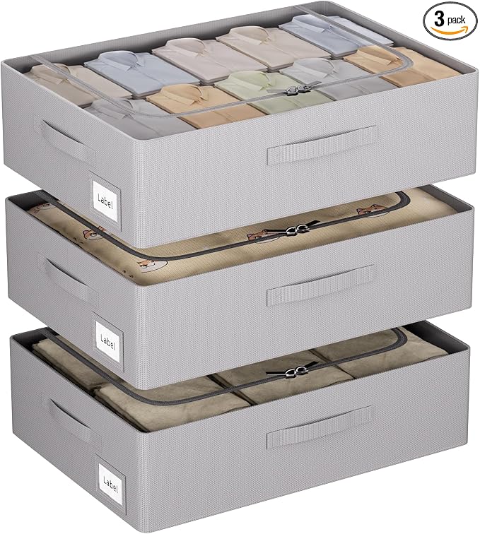 CYhom 3Pcs Under Bed Storage Bins with Metal Frame - Shoe Organizer for Closet with Clear Cover Oxford Fabric Sturdy Underbed Container Foldable Stackable Clothes Organizer (Grey, 23.5x19.7x6.3)