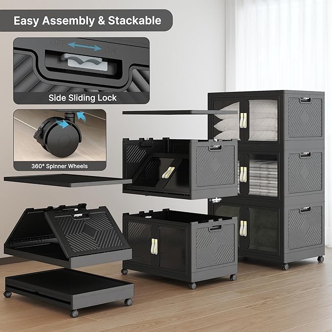 Stackable Storage Bins with Lids, 480QT Extra Large Storage Cabinet | Clear Doors, Foldable Storage Drawers, Heavy Duty, Collapsible Closet Organizers for Bedroom Office (3, Black, 180, Quarts)