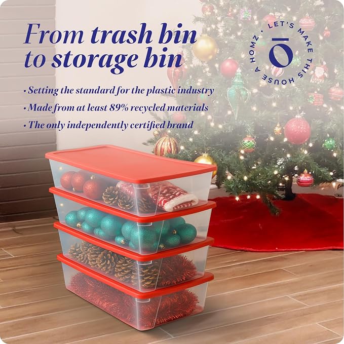 HOMZ 4-Pack Holiday Tote, Clear Plastic Storage Organizer Bins with Lids, 41 Quart, Red - Stackable Organizing Containers for Home, Garage, and Office